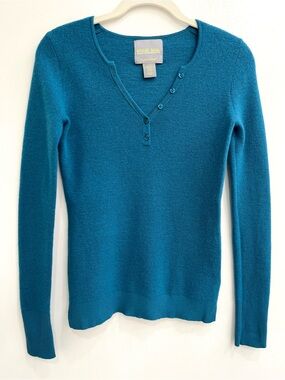 WICKED WOOL Blue 100% Extra Fine Merino Wool Henley Sweater Size XS